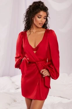 Satin Balloon Sleeve Robe In Red -Glam Dress Store 4144 2 soft nights red satin balloon sleeve tie front komono lingerie