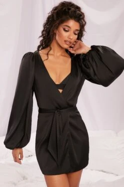 Satin Balloon Sleeve Robe In Black 14 Satin Balloon Sleeve Robe In Black -Glam Dress Store 4144 3 soft nights black satin balloon sleeve tie front komono lingerie