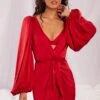 Satin Balloon Sleeve Robe In Red -Glam Dress Store 4144 3 soft nights red satin balloon sleeve tie front komono lingerie