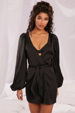 Satin Balloon Sleeve Robe In Black 17 Satin Balloon Sleeve Robe In Black -Glam Dress Store 4144 4 soft nights black satin balloon sleeve tie front komono lingerie