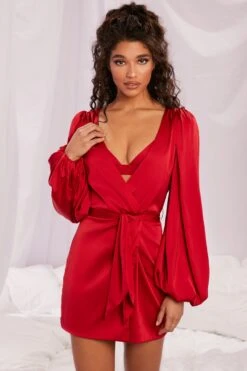 Satin Balloon Sleeve Robe In Red -Glam Dress Store 4144 4 soft nights red satin balloon sleeve tie front komono lingerie