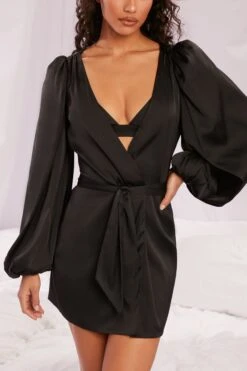Satin Balloon Sleeve Robe In Black 13 Satin Balloon Sleeve Robe In Black -Glam Dress Store 4144 5 soft nights black satin balloon sleeve tie front komono lingerie