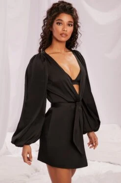 Satin Balloon Sleeve Robe In Black 12 Satin Balloon Sleeve Robe In Black -Glam Dress Store 4144 6 soft nights black satin balloon sleeve tie front komono lingerie