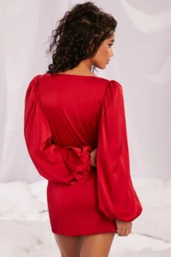 Satin Balloon Sleeve Robe In Red -Glam Dress Store 4144 7 soft nights red satin balloon sleeve tie front komono lingerie
