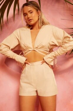 Pleated Shorts In Sand -Glam Dress Store 4160 4185 5 suite life buena vista sand balloon sleeve low neck crop top high waisted shorts 3