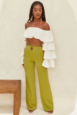 Cut Out Wide Leg Trousers In Olive -Glam Dress Store 4195 2 desert breeze olive wide leg strap detail back tie trousers 4