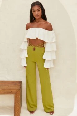 Cut Out Wide Leg Trousers In Olive -Glam Dress Store 4195 3 desert breeze olive wide leg strap detail back tie trousers 4