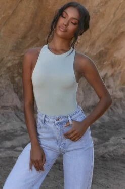 High Neck Bodysuit In Khaki -Glam Dress Store 4207 4 my one khaki open back bodysuit 1