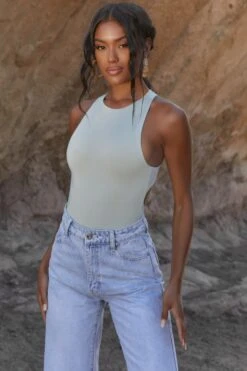 High Neck Bodysuit In Khaki -Glam Dress Store 4207 5 my one khaki open back bodysuit 1