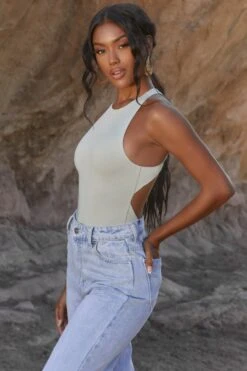 High Neck Bodysuit In Khaki -Glam Dress Store 4207 7 my one khaki open back bodysuit 1