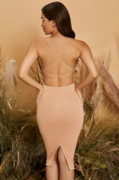 Round Neck Cross Back Midi Dress In Tan -Glam Dress Store 4227 11 back to you tan racer front cross back strappy midi dress