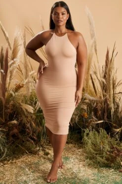 Round Neck Cross Back Midi Dress In Tan -Glam Dress Store 4227 2 back to you tan racer front cross back strappy midi dress