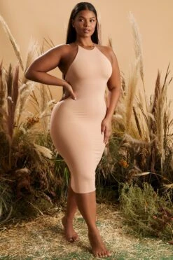 Round Neck Cross Back Midi Dress In Tan -Glam Dress Store 4227 6 back to you tan racer front cross back strappy midi dress