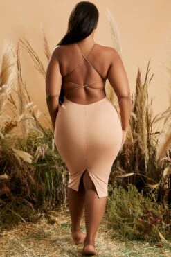 Round Neck Cross Back Midi Dress In Tan -Glam Dress Store 4227 8 back to you tan racer front cross back strappy midi dress