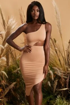 One Shoulder Asymmetric Midaxi Dress In Mocha