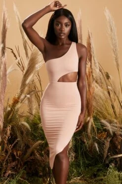 One Shoulder Asymmetric Midaxi Dress In Blush -Glam Dress Store 4231 2 one sided blush asymmetric cut out one shoulder midi dress