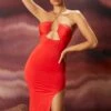 Cross Strap Keyhole Midi Dress In Red -Glam Dress Store 4274 1 treat me well red keyhole cross ruched front spit side midi dress 1