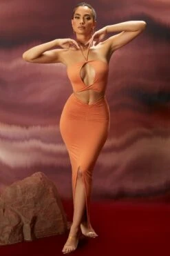 Keyhole Halter Neck Crop Top In Caramel -Glam Dress Store 4296 4291 2 3