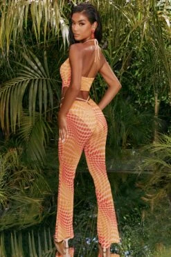 Tall Printed Mesh Flared Trousers In Orange -Glam Dress Store 4310 11 match it up orange abstract print halter neck crop top cut out sheer flares 3