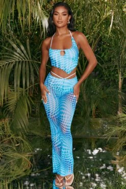 Printed Mesh Crop Top In Blue -Glam Dress Store 4310 1 match it up blue abstract print halter neck crop top cut out sheer flares 1