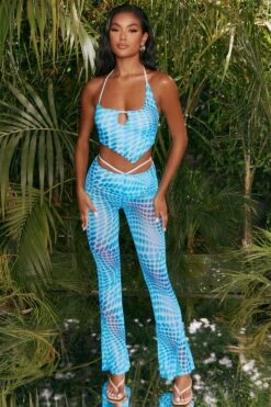 Printed Mesh Crop Top In Blue -Glam Dress Store 4310 2 match it up blue abstract print halter neck crop top cut out sheer flares 1
