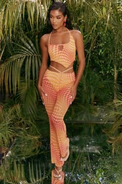 Printed Mesh Crop Top In Orange -Glam Dress Store 4310 2 match it up orange abstract print halter neck crop top cut out sheer flares