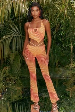 Printed Mesh Flared Trousers In Orange