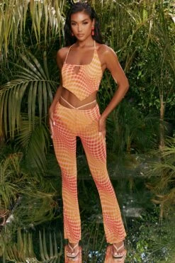 Tall Printed Mesh Flared Trousers In Orange