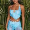 Printed Mesh Crop Top In Blue -Glam Dress Store 4310 5 match it up blue abstract print halter neck crop top cut out sheer flares 1