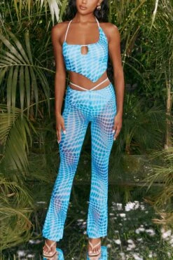 Printed Mesh Crop Top In Blue -Glam Dress Store 4310 6 match it up blue abstract print halter neck crop top cut out sheer flares 1