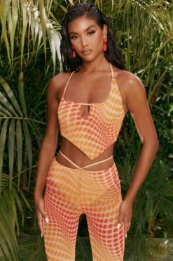 Printed Mesh Crop Top In Orange -Glam Dress Store 4310 8 match it up orange abstract print halter neck crop top cut out sheer flares