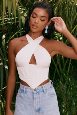 Satin Keyhole Corset Crop Top In Cream -Glam Dress Store 4314 1 hand on heart cream halter neck corset top 1