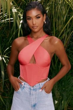 Hand On Heart Satin Keyhole Corset Crop Top In Pink -Glam Dress Store 4314 1 hand on heart pink halter neck corset top 1