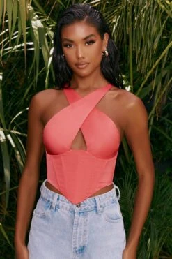 Hand On Heart Satin Keyhole Corset Crop Top In Pink -Glam Dress Store 4314 2 hand on heart pink halter neck corset top 1