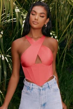 Hand On Heart Satin Keyhole Corset Crop Top In Pink -Glam Dress Store 4314 3 hand on heart pink halter neck corset top 1