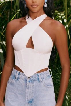 Satin Keyhole Corset Crop Top In Cream -Glam Dress Store 4314 5 hand on heart cream halter neck corset top 1