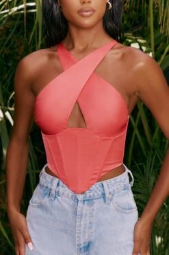 Hand On Heart Satin Keyhole Corset Crop Top In Pink -Glam Dress Store 4314 5 hand on heart pink halter neck corset top 1