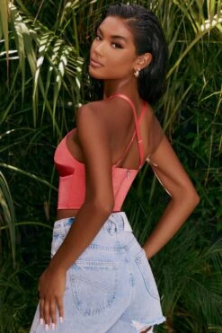 Hand On Heart Satin Keyhole Corset Crop Top In Pink -Glam Dress Store 4314 7 hand on heart pink halter neck corset top 1