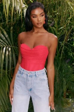 Dreams Are Made Mesh Overlay Ruched Bodysuit In Pink -Glam Dress Store 4316 1 dreams are made pink bust flattering corset double layered mesh bodysuit 3