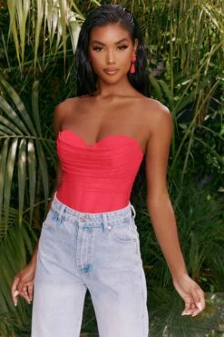 Dreams Are Made Mesh Overlay Ruched Bodysuit In Pink -Glam Dress Store 4316 3 dreams are made pink bust flattering corset double layered mesh bodysuit 3