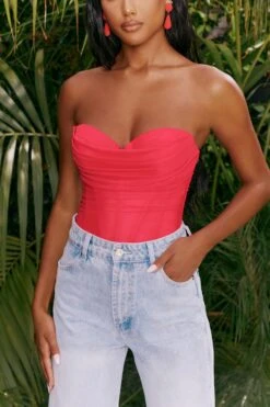 Dreams Are Made Mesh Overlay Ruched Bodysuit In Pink -Glam Dress Store 4316 5 dreams are made pink bust flattering corset double layered mesh bodysuit 3