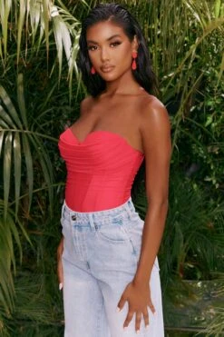 Dreams Are Made Mesh Overlay Ruched Bodysuit In Pink -Glam Dress Store 4316 6 dreams are made pink bust flattering corset double layered mesh bodysuit 3