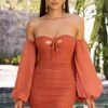 Bardot Ruched Mini Dress In Rust 2 Bardot Ruched Mini Dress In Rust -Glam Dress Store 4336 5 whisk me away rust puff sleeve cutout ruched minidress