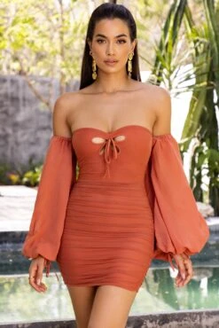 Bardot Ruched Mini Dress In Rust