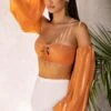 Bardot Cut Out Crop Top In Caramel -Glam Dress Store 4338 8 wanderlust caramel puff sleeve crop top
