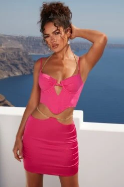 Waist Chain Mini Skirt In Pink -Glam Dress Store 4341 4351 4 tan lines meet again pink chain detailing bralette mini skirt co ord