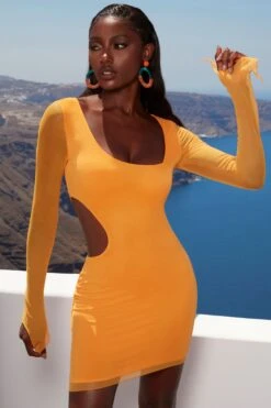 Asymmetric Long Sleeve Mini Dress In Orange -Glam Dress Store 4342 1 feelin wavy orange cut out bodycon minidress 3