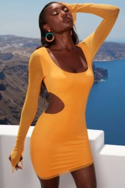 Asymmetric Long Sleeve Mini Dress In Orange -Glam Dress Store 4342 3 feelin wavy orange cut out bodycon minidress 3