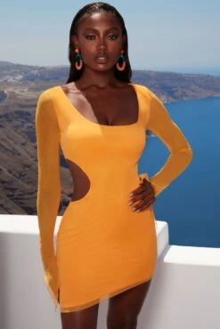 Asymmetric Long Sleeve Mini Dress In Orange -Glam Dress Store 4342 4 feelin wavy orange cut out bodycon minidress 1 1