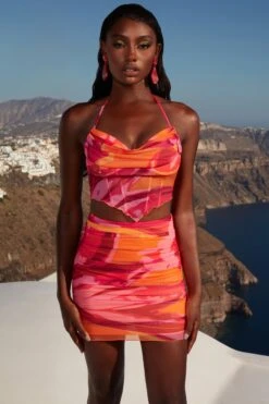 Ruffle Hem Mesh Mini Skirt In Pink Print -Glam Dress Store 4360 4 ripple effect pink print corset top ruched miniskirt